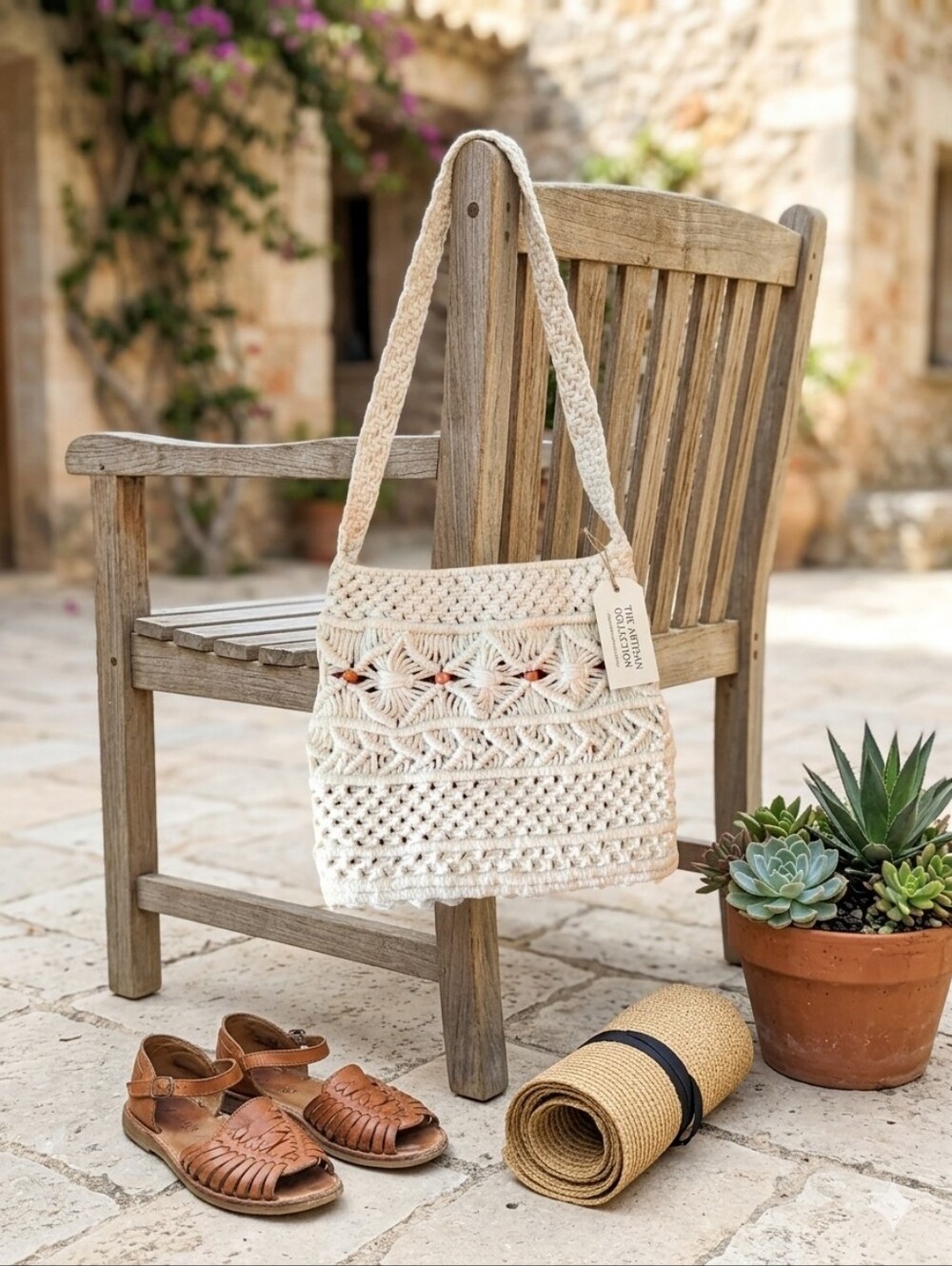 Handmade Boho Macramé Shoulder Bag Cream Cotton Knit Festival Purse with Beads